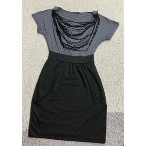 Blu Heaven Womens Small Short Sleeve Bead Necklace Mini Dress Black Grey RS 8609